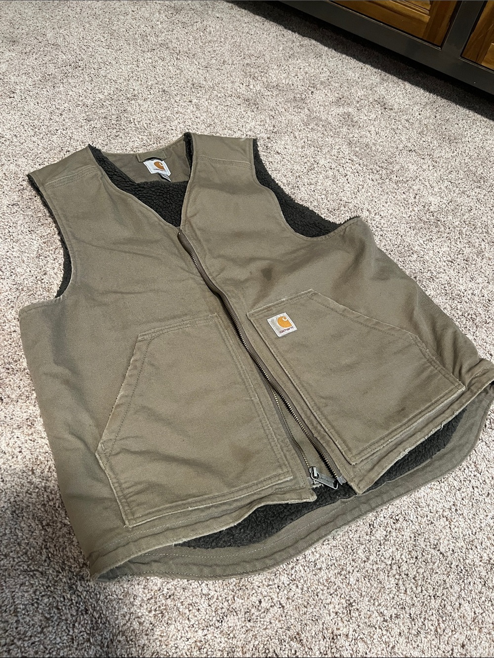 Carhartt Olive Green Quilted Work Vest with Soft Sherpa Lining